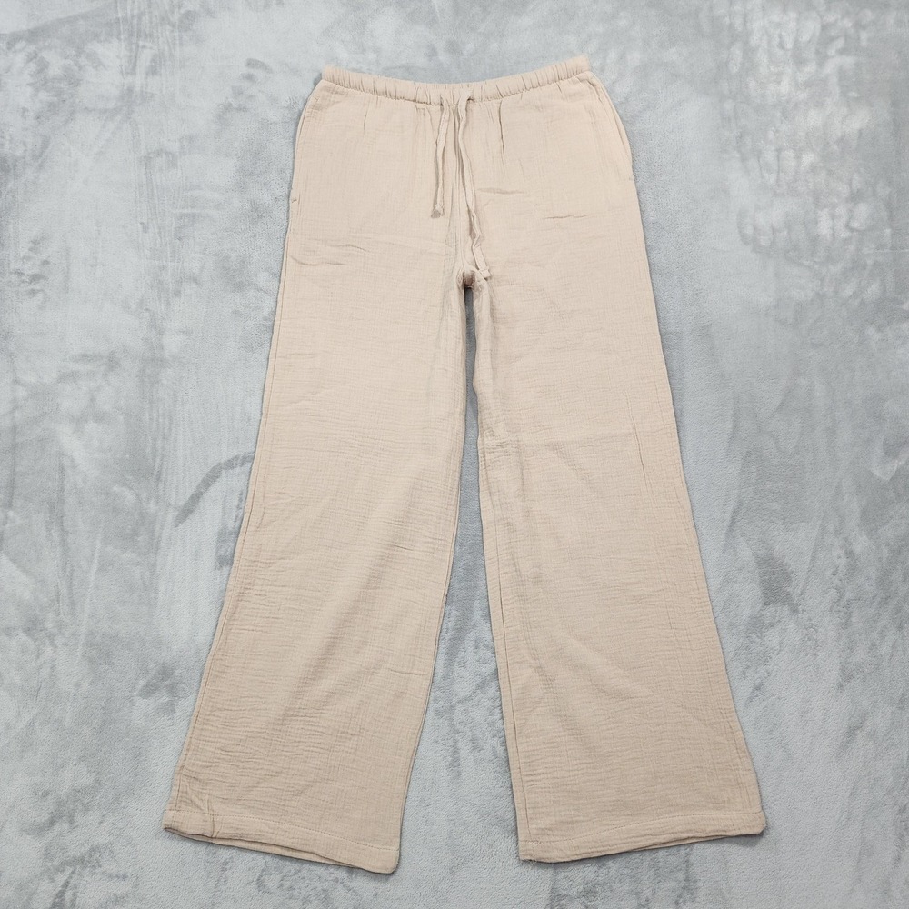 NEW LOVE Pants Womens M Beige Cotton Gauze Wide Leg Pull On Lounge Casual